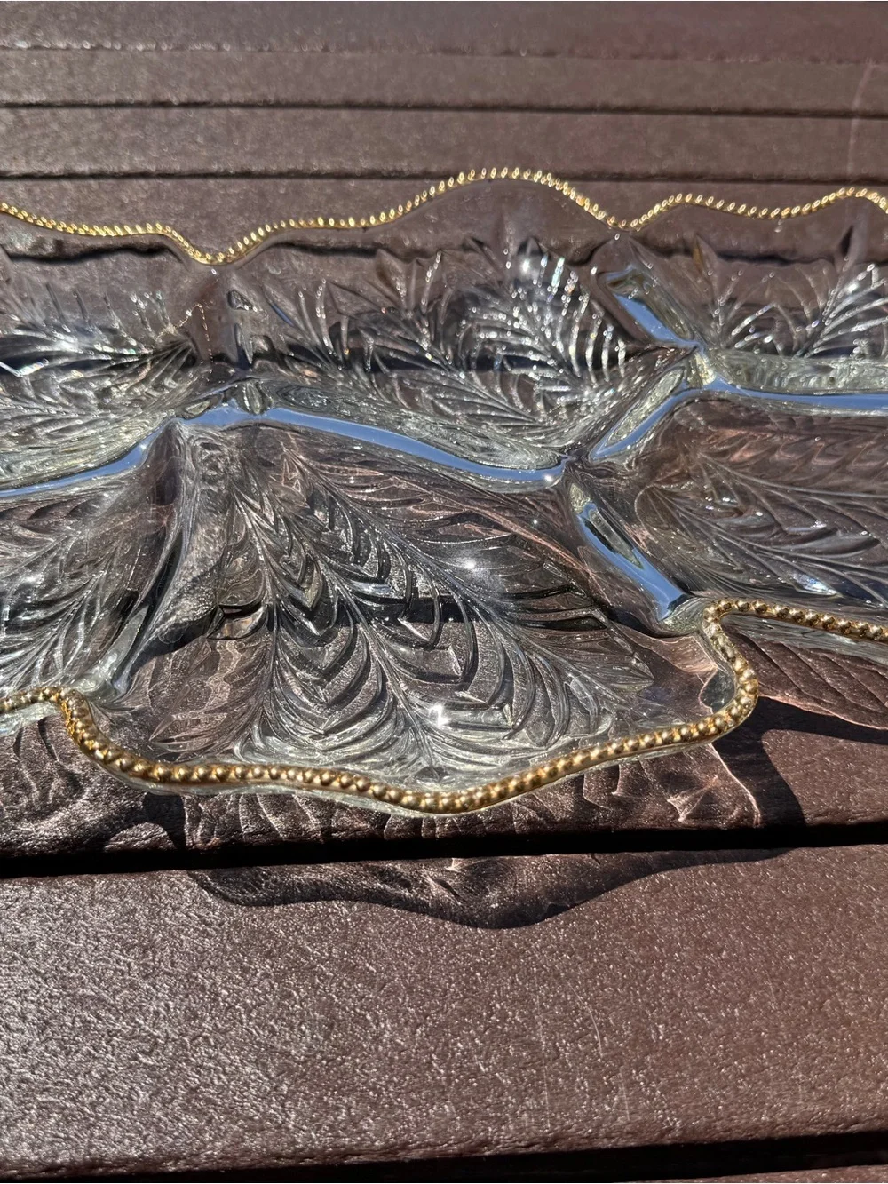 Clear Glass Leaf Serving Tray with Gold Beaded Rim